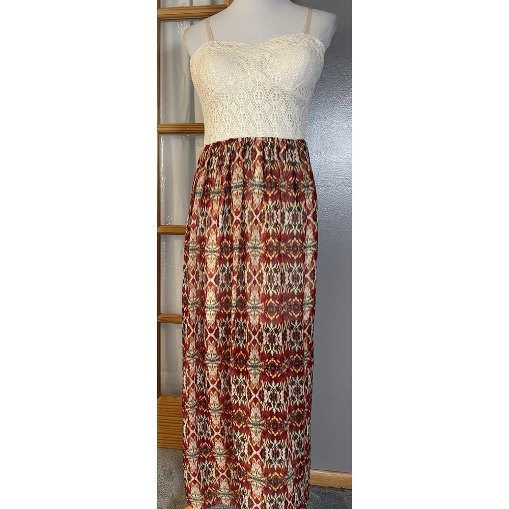 LILY ROSE Ivory Lace Maxi Dress Sz M Red Beige Sheer Built In Bra Boho Beach